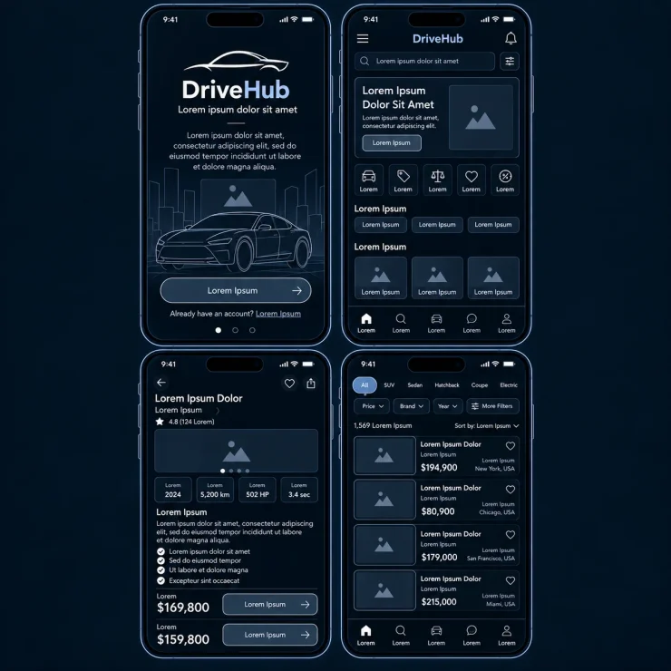 DriveHub Neon Wireframe App Screens